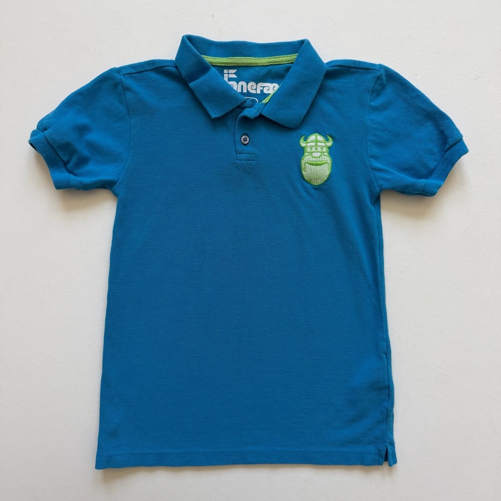 Danefae Boys' Blue Polo Shirt with Green Viking Patch